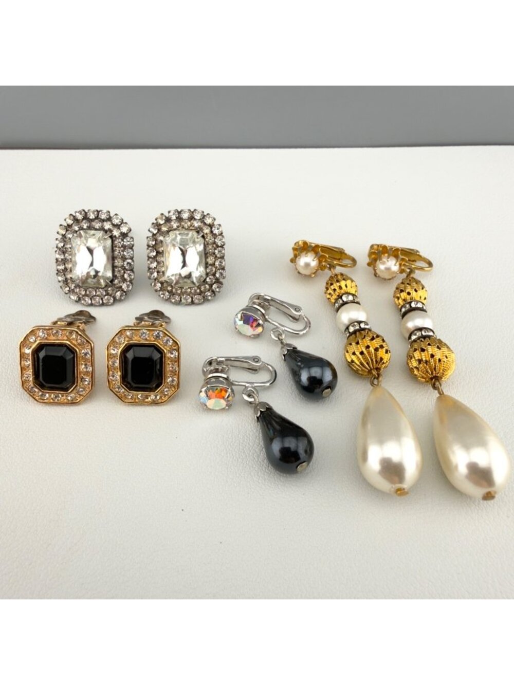 Vintage Clip On Earring Set Of 4 Rhinestone Faux Pearl Gold Tone Roman Sarah Cov